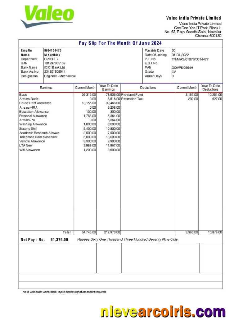 Valeo India payslip
